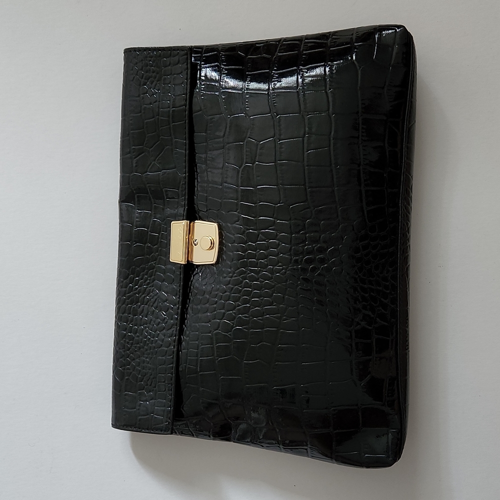 Oversized Faux Croc Leather Clutch in Black